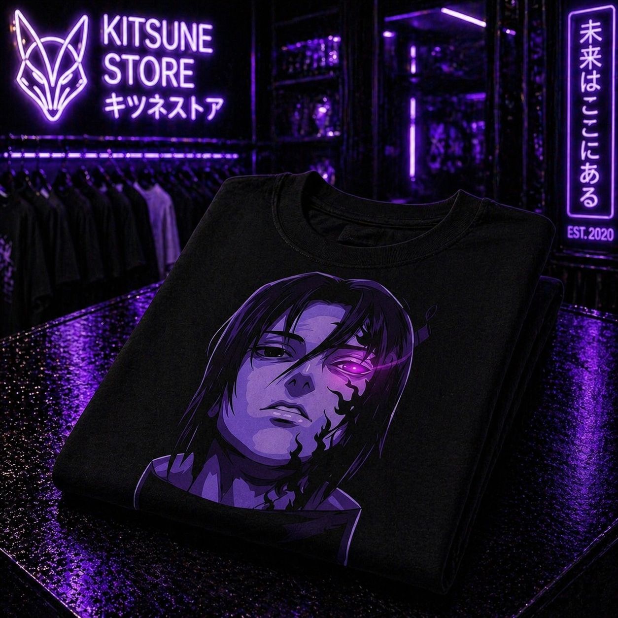 Anime Graphic T-Shirt — Neon-Shaded Uchiha Design with Sharingan Back Logo