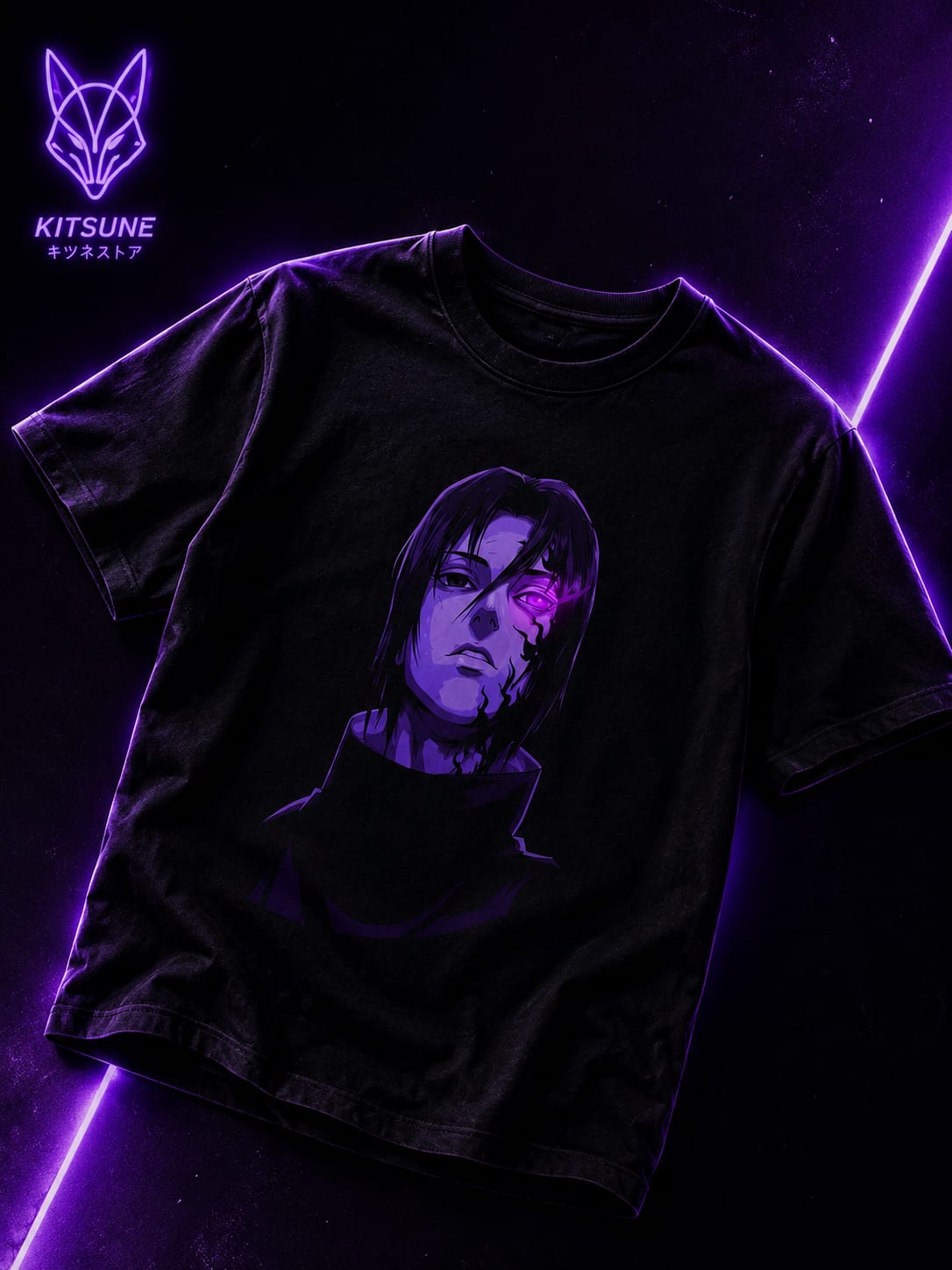 Anime Graphic T-Shirt — Neon-Shaded Uchiha Design with Sharingan Back Logo