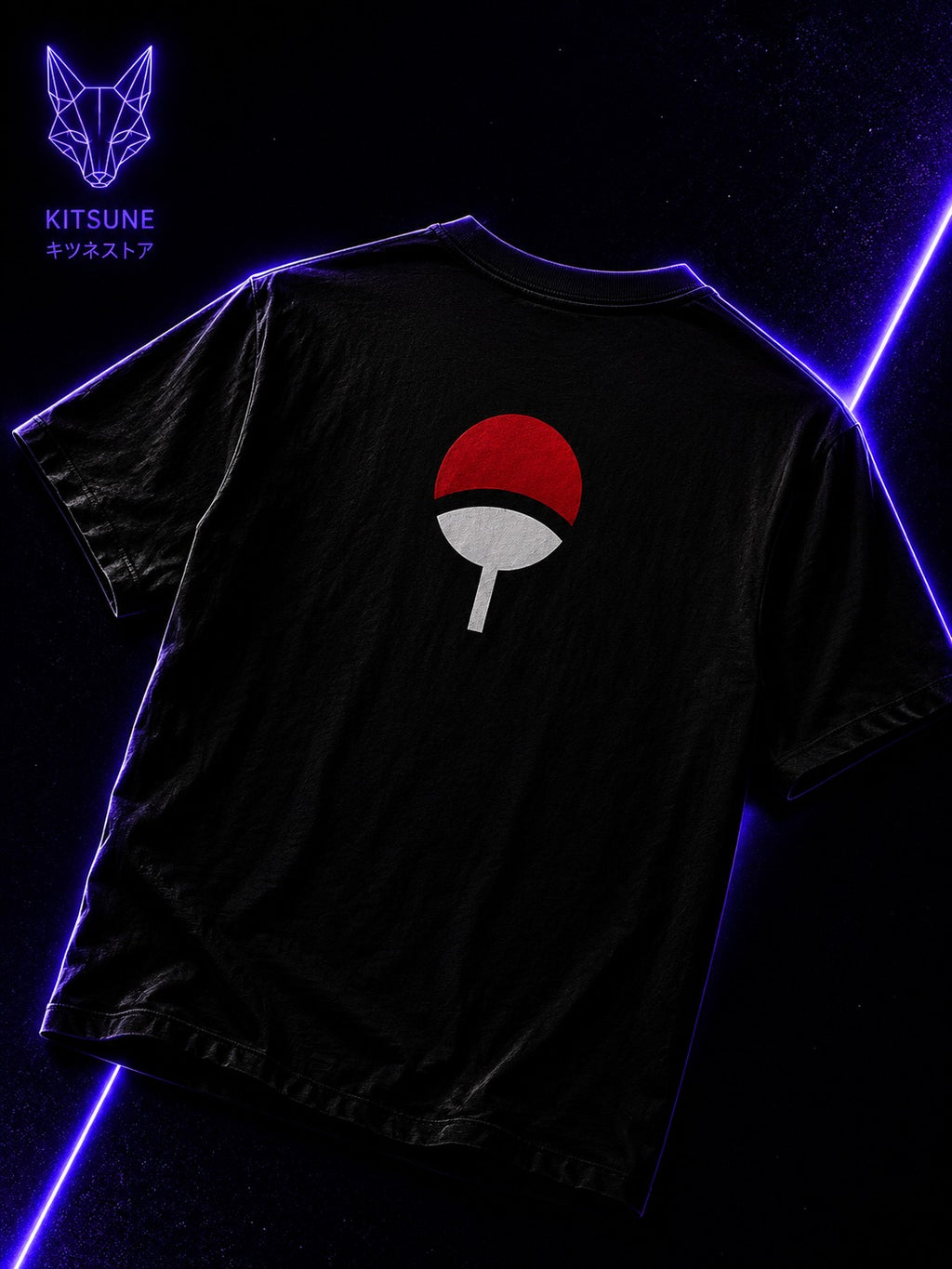 Anime Graphic T-Shirt — Neon-Shaded Uchiha Design with Sharingan Back Logo