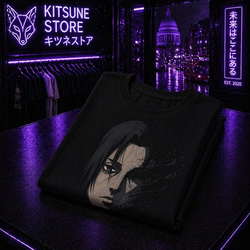 Anime Villain Face T-Shirt — Dark Uchiha Split Portrait Tee